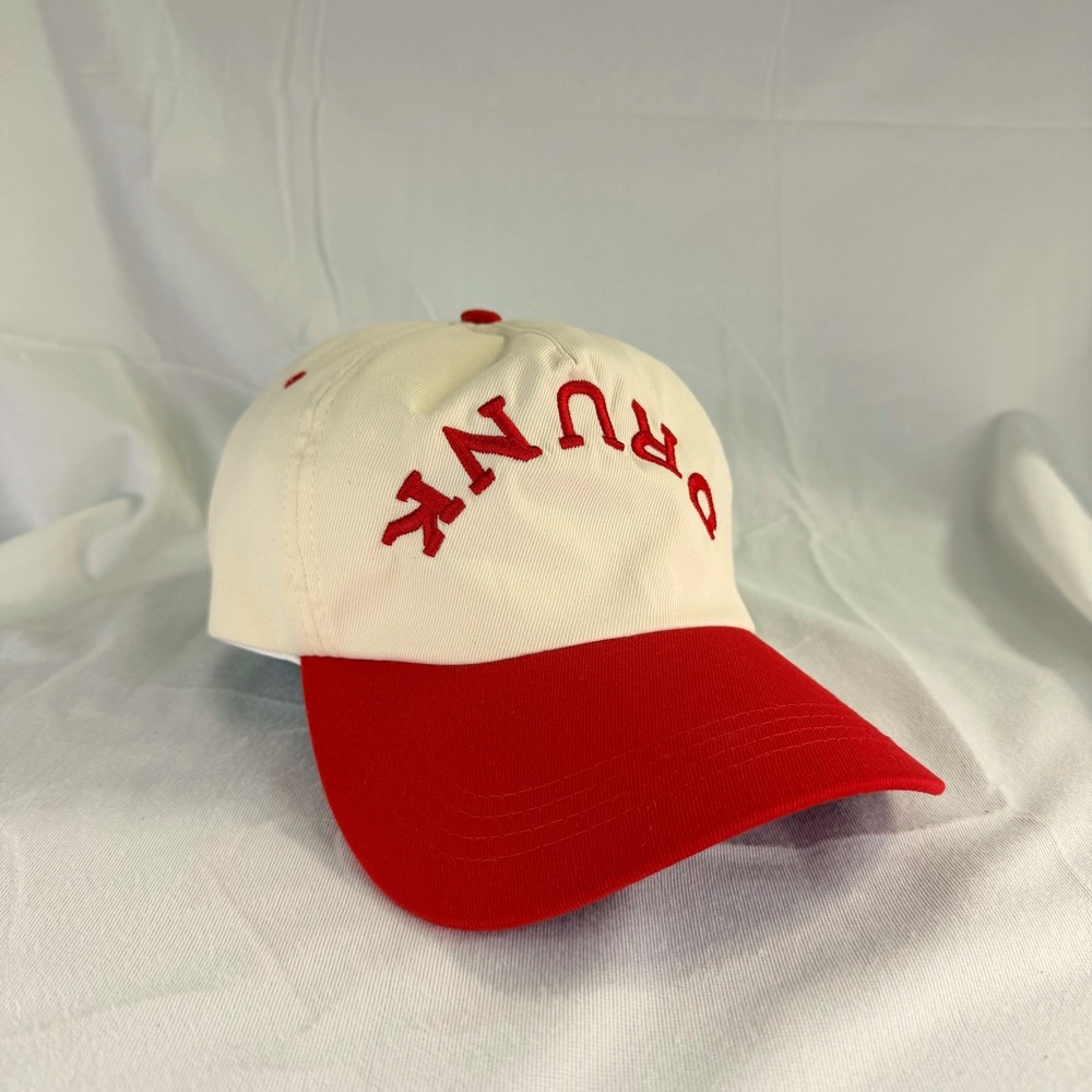 Drunk Embroidered Baseball Cap Cream Red Two Tone Adjustable Strap Hat